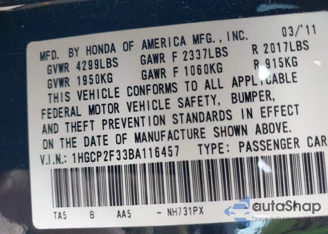 2011 Honda Accord 2.4 Lx z USA, uszkodzony, nr VIN 1HGCP2F33BA116457